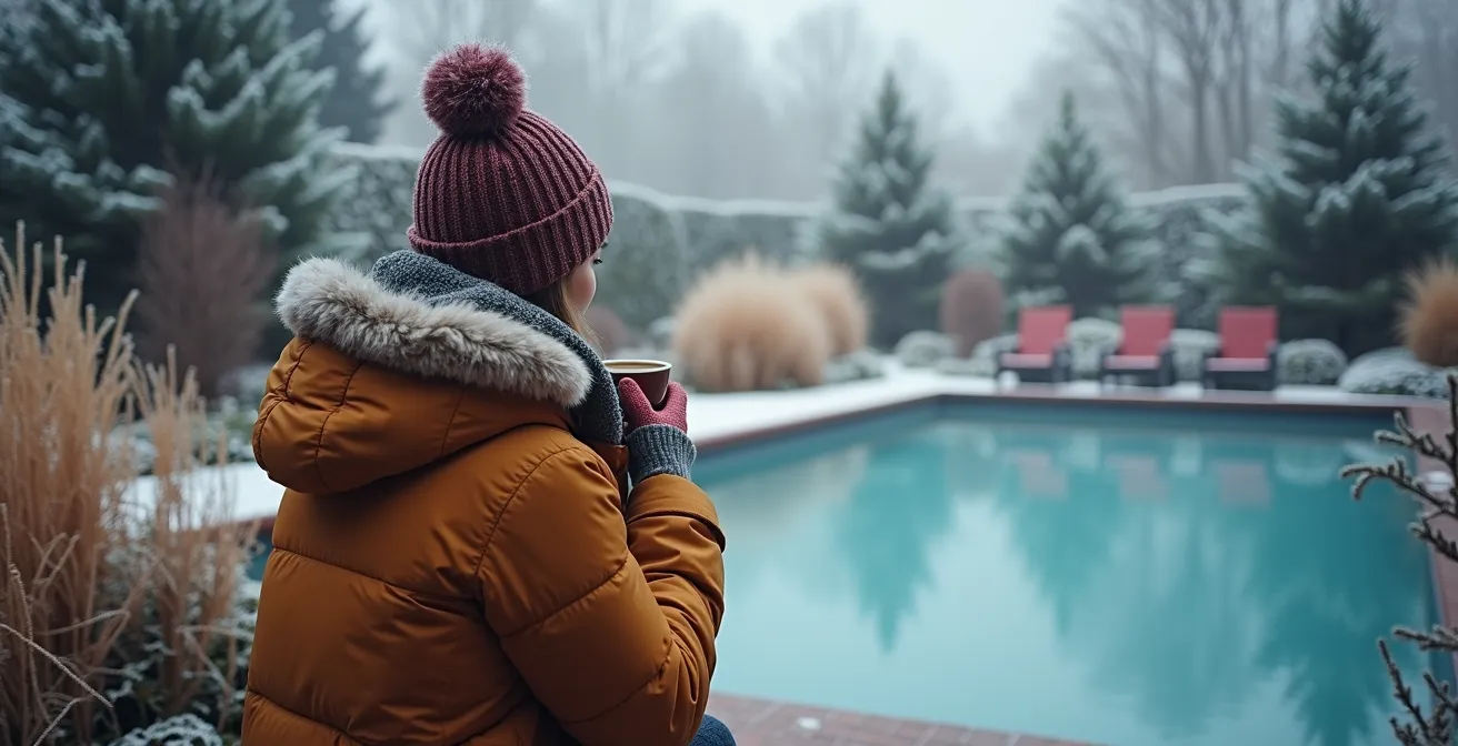 Piscine hivernale entourée de graminées persistantes et conifères graphiques