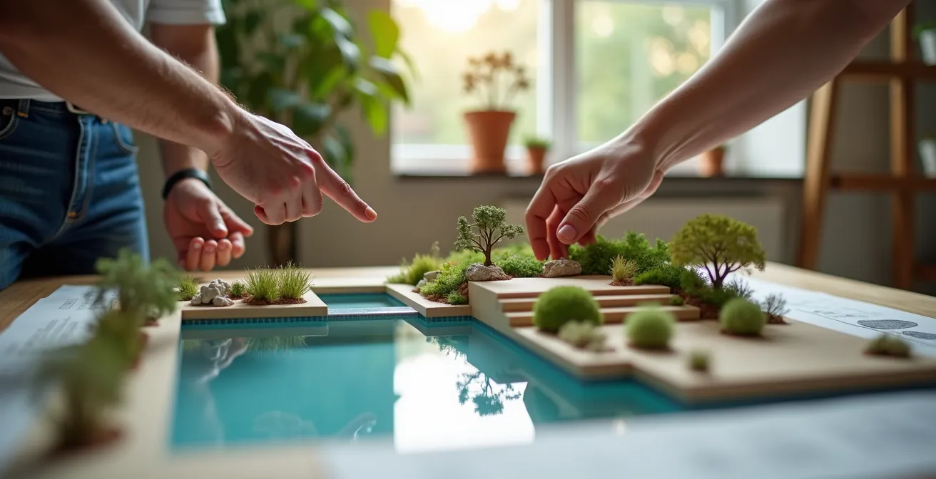 Architecte paysagiste examinant des plans 3D avec un client