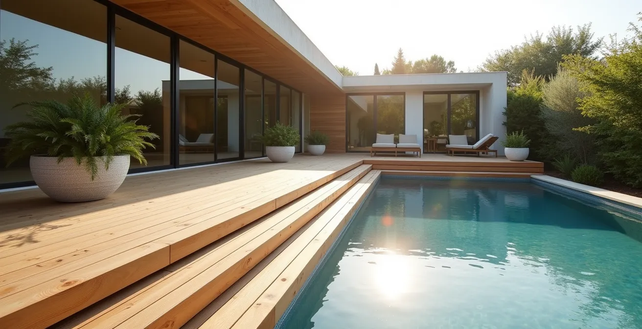 Terrasse en bois créant une transition progressive entre la maison et la piscine