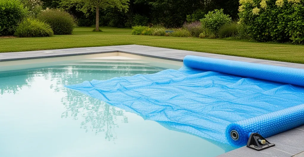 Piscine résidentielle avec bâche à bulles partiellement déroulée sur la surface