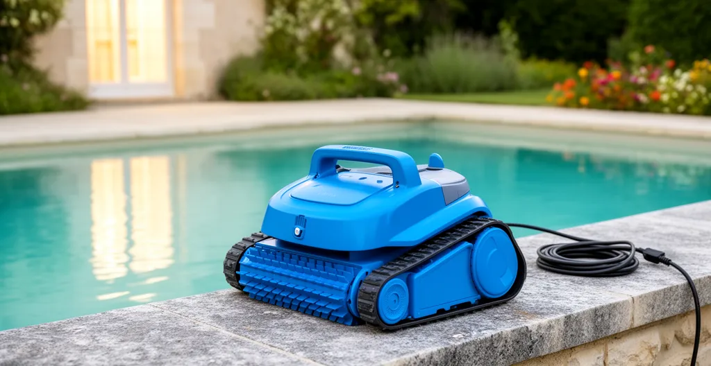 Robot de piscine électrique posé sur margelle en pierre après nettoyage