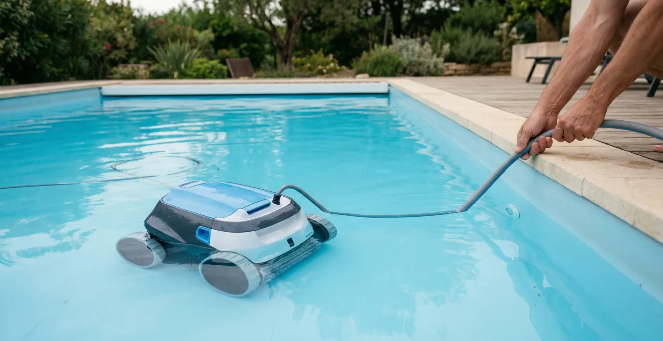 Robot de piscine autonome nettoyant le fond d'un bassin résidentiel cristallin