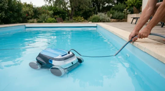 Robot de piscine autonome nettoyant le fond d'un bassin résidentiel cristallin
