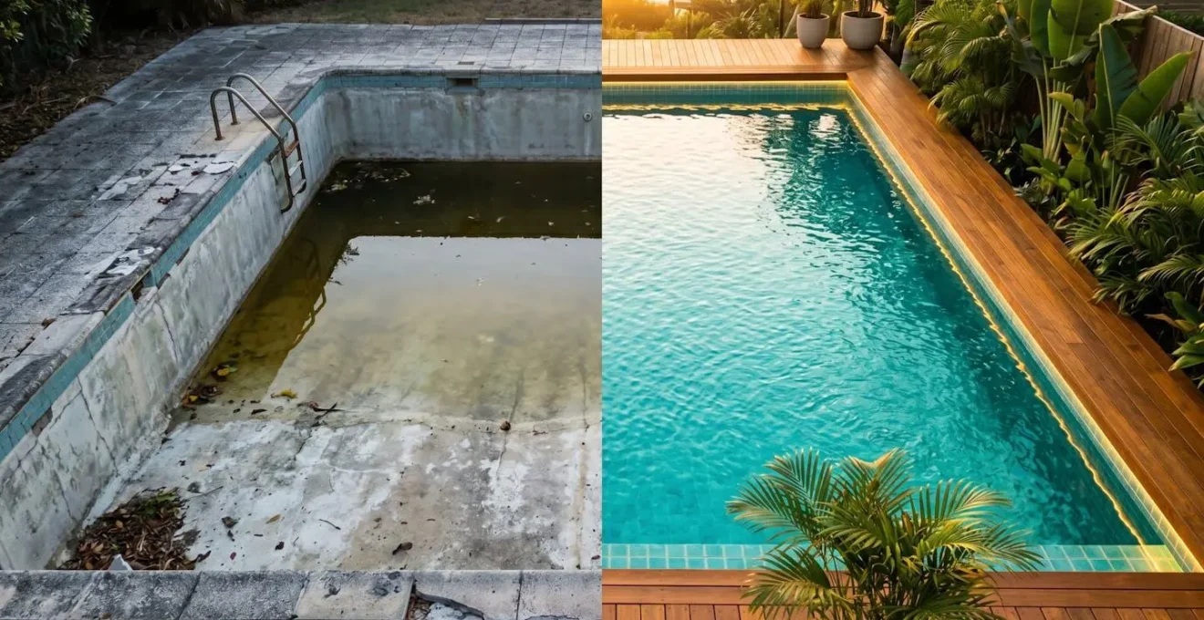 Split visuel d'une piscine : moitié gauche dégradée, moitié droite rénovée, montrant le potentiel de transformation.
