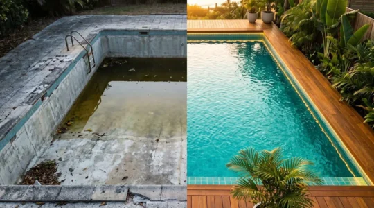 Split visuel d'une piscine : moitié gauche dégradée, moitié droite rénovée, montrant le potentiel de transformation.
