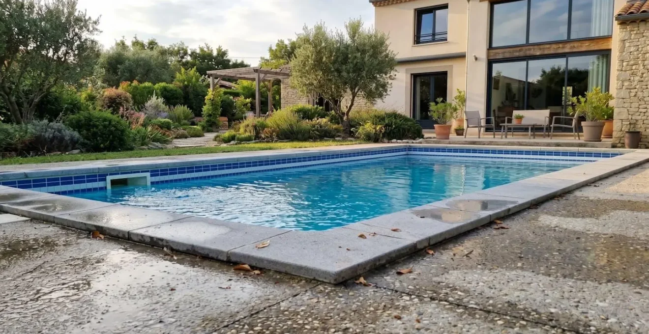 Piscine enterrée avec ligne d'eau visible au niveau du skimmer permettant d'observer la hauteur du niveau d'eau
