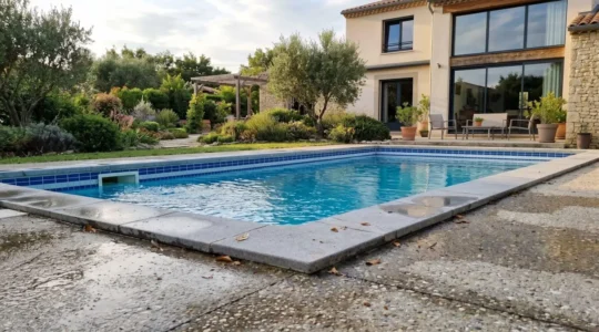 Piscine enterrée avec ligne d'eau visible au niveau du skimmer permettant d'observer la hauteur du niveau d'eau