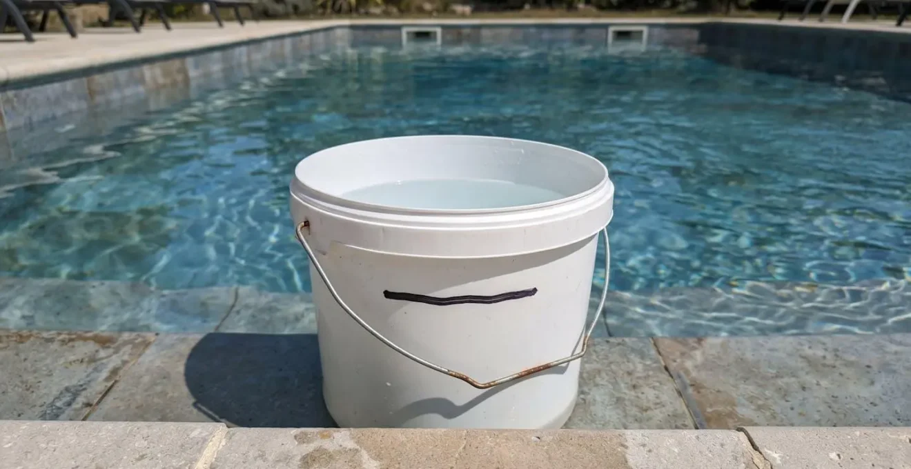 Seau transparent rempli d'eau posé sur la première marche d'une piscine avec une ligne de repère marquée au niveau de l'eau